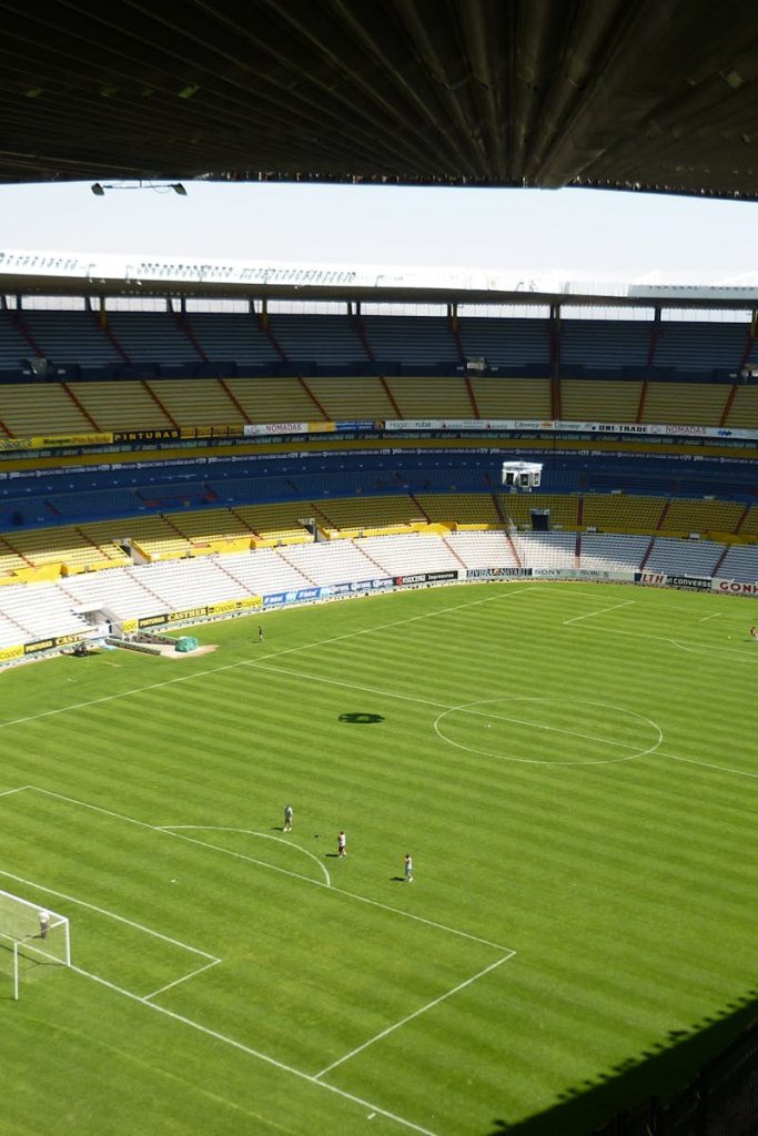 Spacious soccer stadium with green field in Jalisco del Refugio, Mexico.